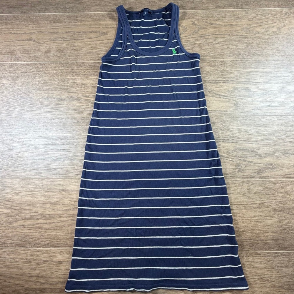 Ralph Lauren Pima Cotton Ribbed Tank Dress Navy White Striped Midi Pony M Fitted